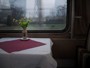 Train dining car with window