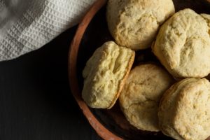 Scones made with buttermilk and flour, close up in earthenware bowl in My Old Kentucky Home