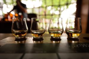 Kentucky Bourbon Flight with selective focus on four samples
